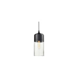 "A modern pendant light with a grey cap and clear glass shade, suspended by a thin black cord."