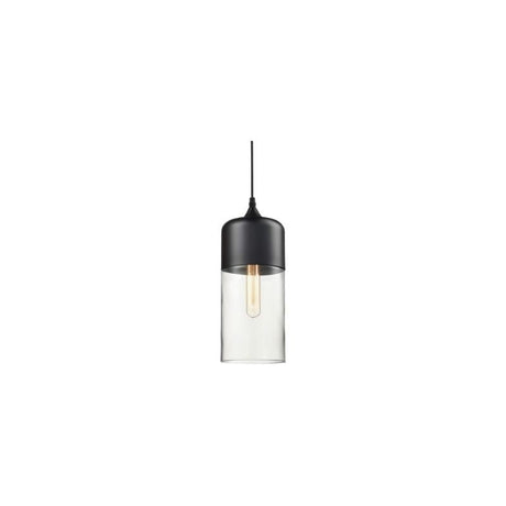 "A modern pendant light with a grey cap and clear glass shade, suspended by a thin black cord."