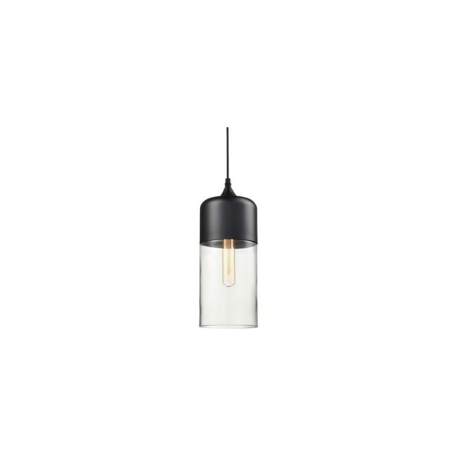 "A modern pendant light with a grey cap and clear glass shade, suspended by a thin black cord."