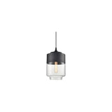 "A modern pendant light with a grey cap and clear glass shade in a distinct shape, suspended by a thin black cord."