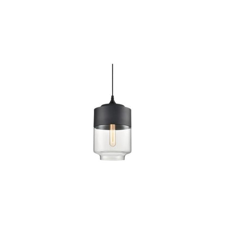 "A modern pendant light with a grey cap and clear glass shade in a distinct shape, suspended by a thin black cord."