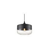 "A modern pendant light with a grey cap and round clear glass shade, suspended by a thin black cord."
