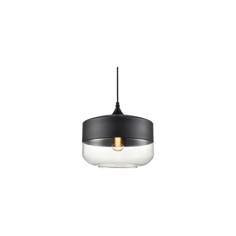 "A modern pendant light with a grey cap and round clear glass shade, suspended by a thin black cord."