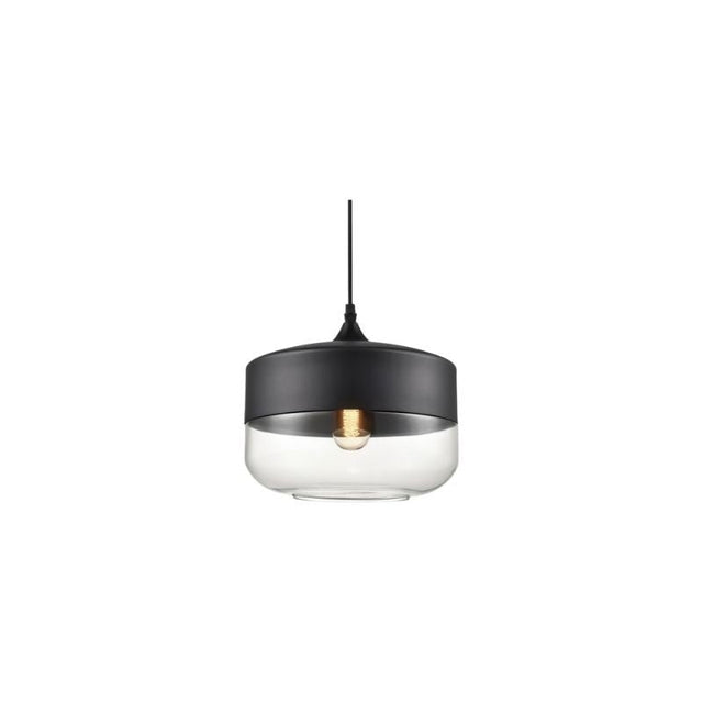 "A modern pendant light with a grey cap and round clear glass shade, suspended by a thin black cord."
