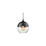"A modern pendant light with a grey cap and clear glass sphere shade, suspended by a thin black cord."