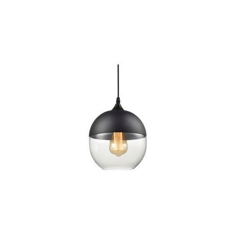 "A modern pendant light with a grey cap and clear glass sphere shade, suspended by a thin black cord."