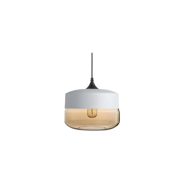 "A modern pendant light with a white cap and round amber glass shade, suspended by a thin black cord."