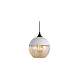 "A modern pendant light with a white cap and amber glass sphere shade, suspended by a thin black cord."