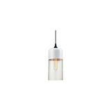 "A modern pendant light with a white cap and clear glass shade, suspended by a thin black cord."