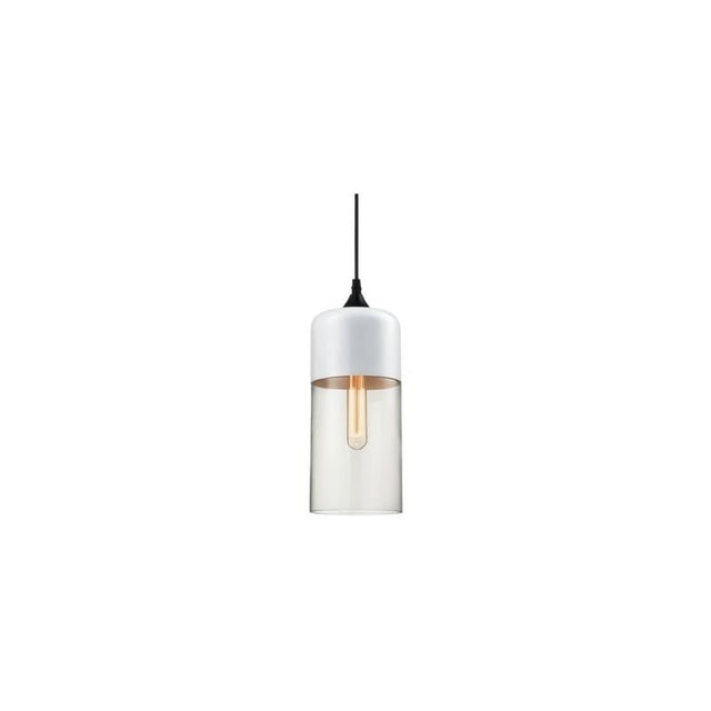 "A modern pendant light with a white cap and clear glass shade, suspended by a thin black cord."