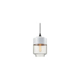 "A modern pendant light with a white cap and clear glass shade in a distinct shape, suspended by a thin black cord."