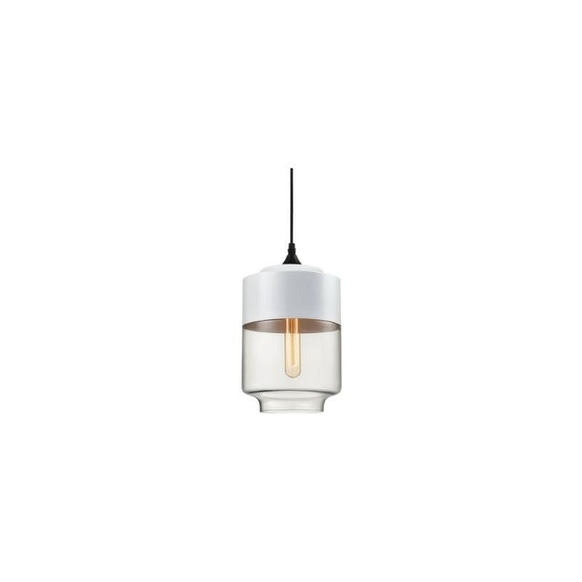 "A modern pendant light with a white cap and clear glass shade in a distinct shape, suspended by a thin black cord."