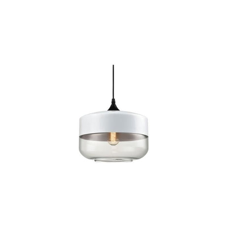 "A modern pendant light with a white cap and round clear glass shade, suspended by a thin black cord."