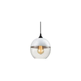 "A modern pendant light with a white cap and clear glass sphere shade, suspended by a thin black cord."
