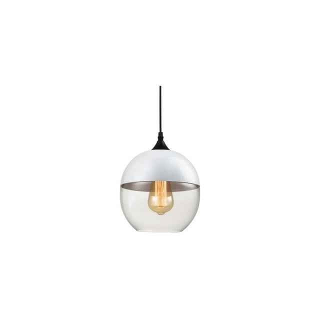 "A modern pendant light with a white cap and clear glass sphere shade, suspended by a thin black cord."