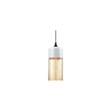 "A modern pendant light with a white cap and amber glass shade, suspended by a thin black cord."