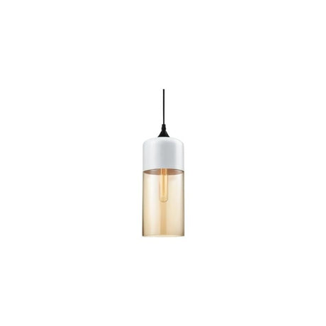 "A modern pendant light with a white cap and amber glass shade, suspended by a thin black cord."