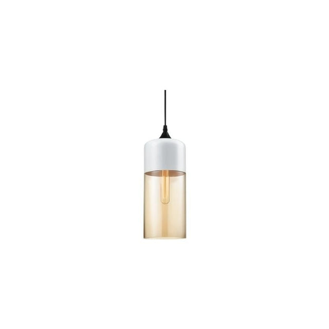"A modern pendant light with a white cap and amber glass shade, suspended by a thin black cord."