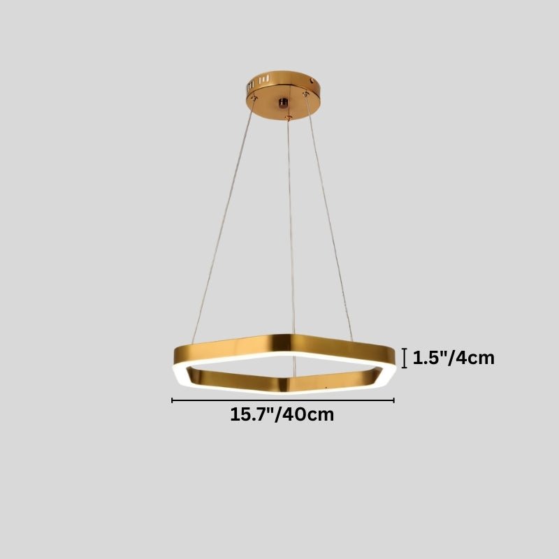 "Dimensions of a gold stainless steel chandelier with a larger hexagonal frame: 15.7 inches in width and 1.5 inches in depth."
