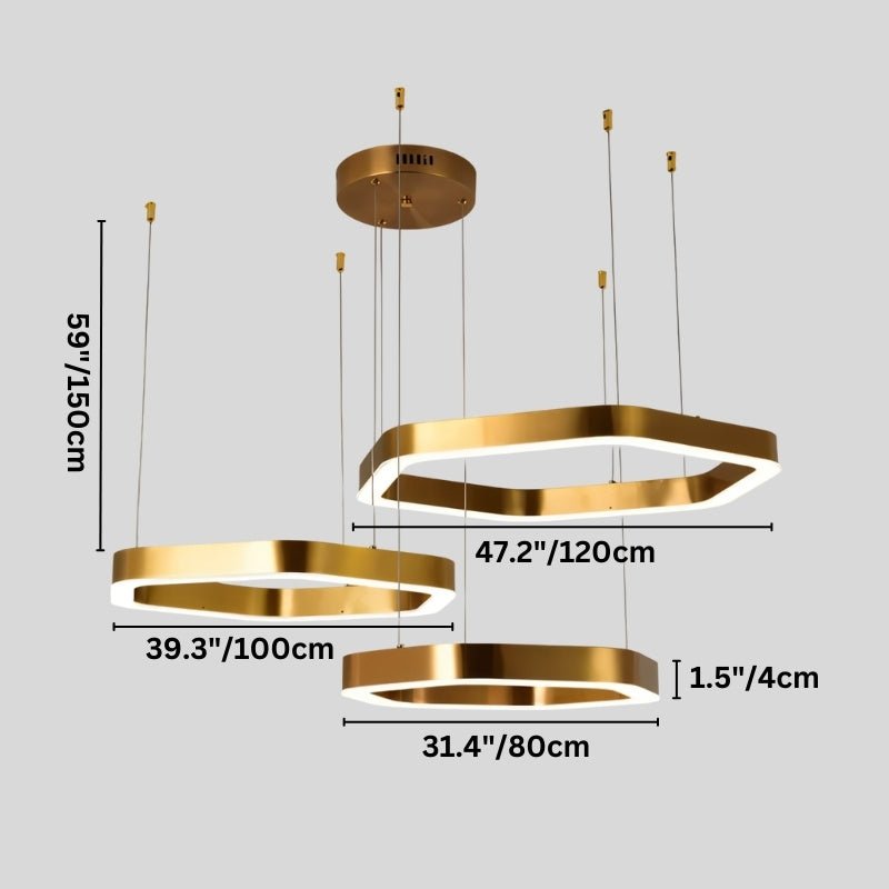 "Dimensions of a tiered gold stainless steel chandelier with four hexagonal frames: 31.4 inches, 39.3 inches, and 47.2 inches in width, 1.5 inches in depth, and 59 inches in overall height."