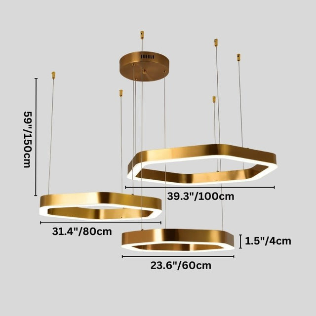 "Dimensions of a tiered gold stainless steel chandelier with four hexagonal frames: 23.6 inches, 31.4 inches, and 39.3 inches in width, 1.5 inches in depth, and 59 inches in overall height."