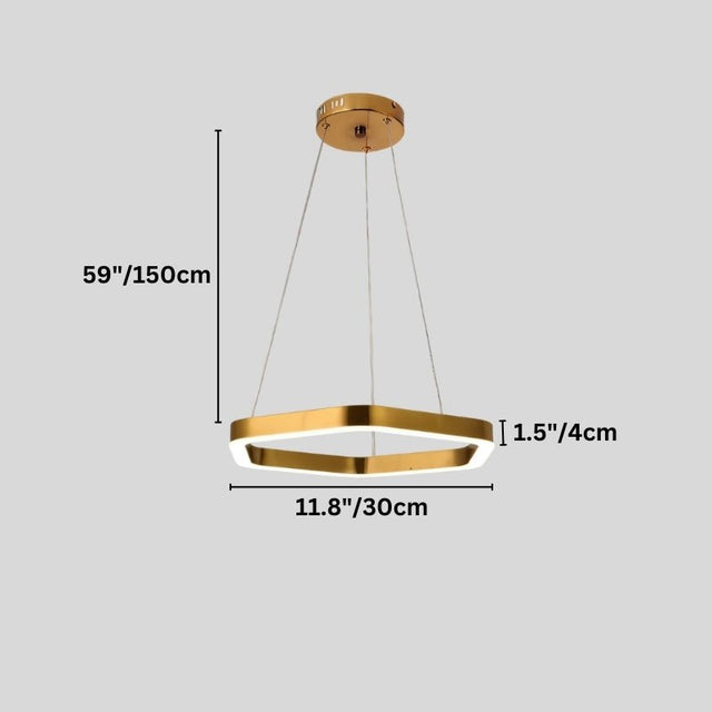 "Dimensions of a gold stainless steel chandelier with a single hexagonal frame: 11.8 inches in width, 1.5 inches in depth, and 59 inches in overall height."