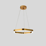 "Gold stainless steel chandelier with a hexagonal frame and integrated LED lighting, suspended against a light grey background."