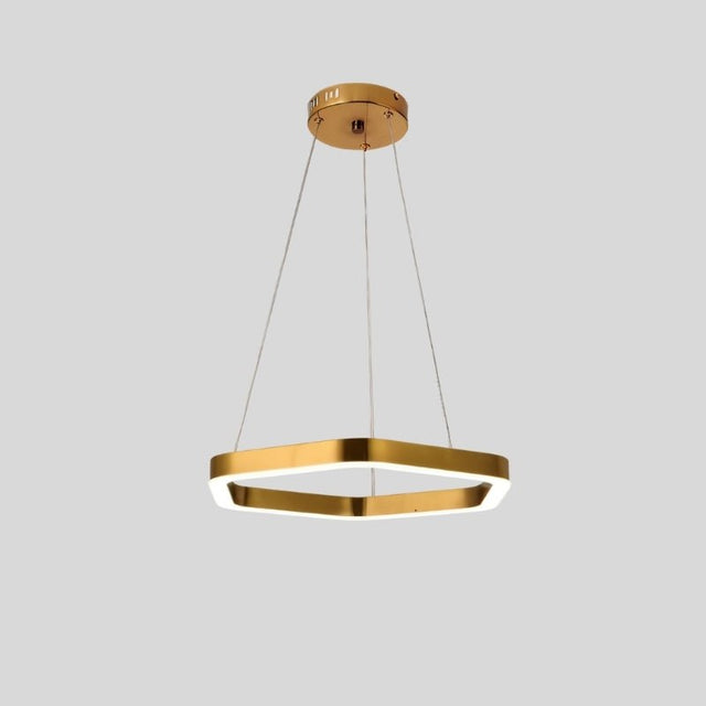 "Gold stainless steel chandelier with a hexagonal frame and integrated LED lighting, suspended against a light grey background."