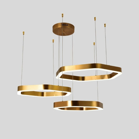 "Gold stainless steel chandelier with three tiered hexagonal frames and integrated LED lighting, suspended against a light grey background."