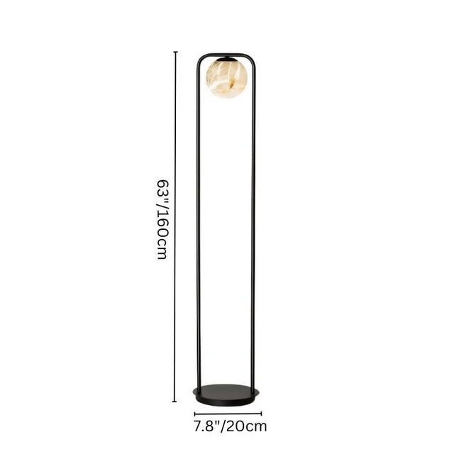 "Ostra floor lamp with dimensions 63 inches (160cm) height and 7.8 inches (20cm) base width, featuring a minimalist aluminum frame and alabaster globe."