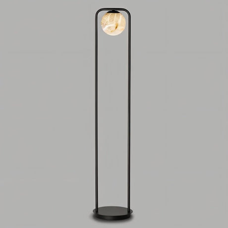 "Minimalist floor lamp with a single alabaster globe, sleek aluminum frame, and stable base, ideal for modern interiors with soft ambient lighting."