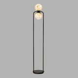 "Modern floor lamp with two alabaster globes on a minimalist aluminum frame, providing stylish ambient lighting for contemporary interiors."