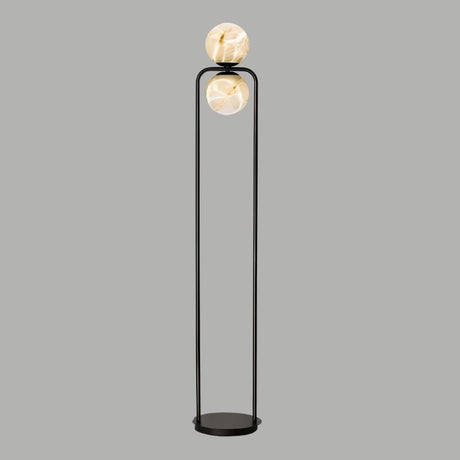 "Modern floor lamp with two alabaster globes on a minimalist aluminum frame, providing stylish ambient lighting for contemporary interiors."