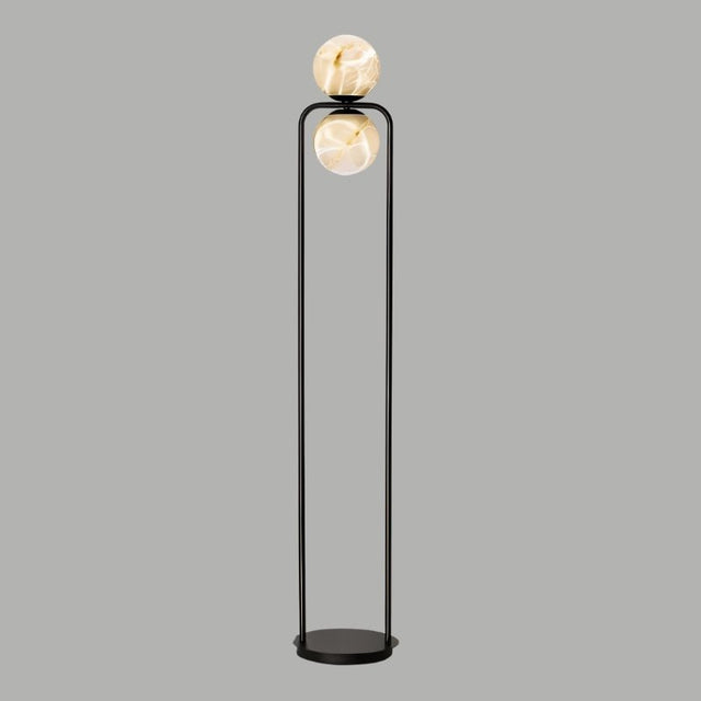 "Modern floor lamp with two alabaster globes on a minimalist aluminum frame, providing stylish ambient lighting for contemporary interiors."