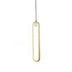 Gold-finished elongated oval pendant light with frosted glass top and black cord hanging against white background.