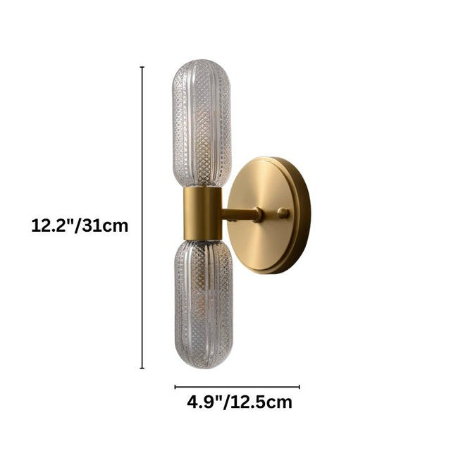 "Dimensions, 12.2 inches tall and 4.9 inches wide, of a modern brass wall lamp with textured glass shades."