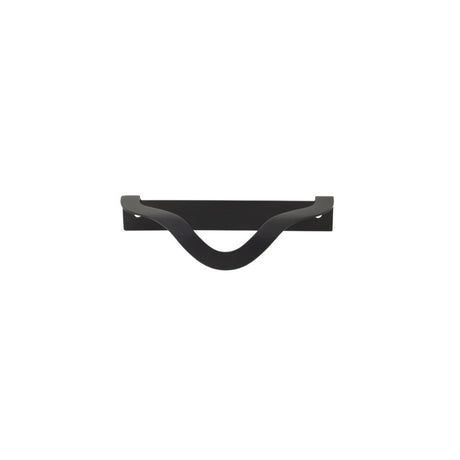 "A black drawer pull with an elegant wavy design, suitable for modern or transitional interiors."