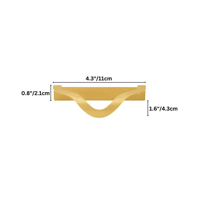 "Dimensions of a brass drawer pull with an elegant wavy design for modern and transitional interiors."