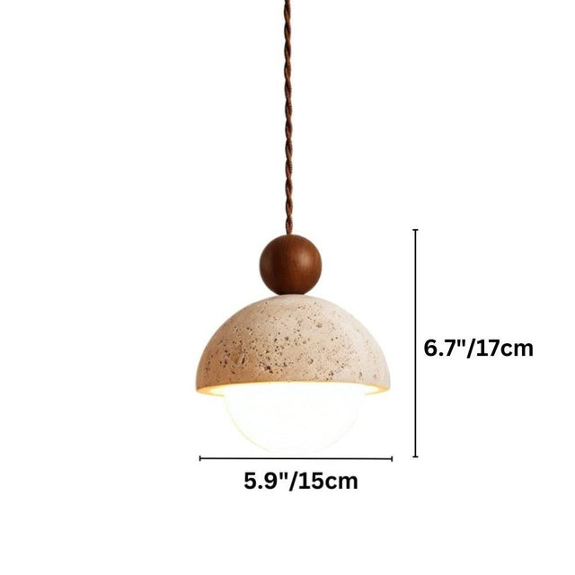 "Dimensions of the Palermo pendant light, showing a height of 6.7 inches (17cm) and a width of 5.9 inches (15cm), highlighting its travertine and wood construction."