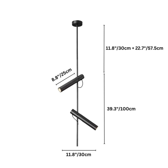 "Dimensions, 39.3 inches total height, 11.8 inches plus 22.7 inches rod lengths, and 8.8 inches tube length, of a modern black stainless steel pendant light with two adjustable tubes."