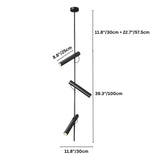 "Dimensions, 39.3 inches total height, 11.8 inches plus 22.7 inches rod lengths, and 8.8 inches tube length, of a modern black stainless steel pendant light with three adjustable tubes."