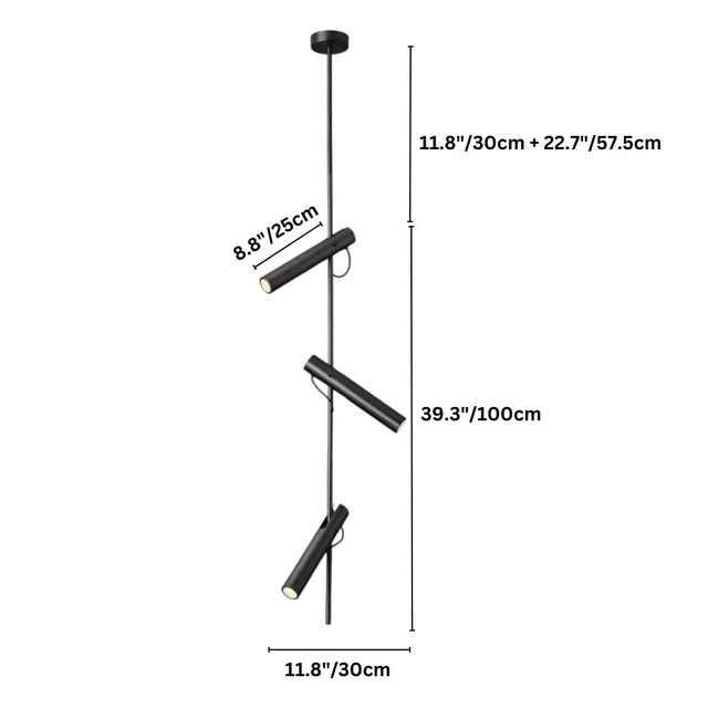 "Dimensions, 39.3 inches total height, 11.8 inches plus 22.7 inches rod lengths, and 8.8 inches tube length, of a modern black stainless steel pendant light with three adjustable tubes."