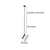 "Dimensions, 39.3 inches total height, 11.8 inches plus 22.7 inches rod lengths, and 8.8 inches tube length, of a modern black stainless steel pendant light."