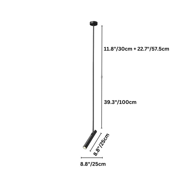 "Dimensions, 39.3 inches total height, 11.8 inches plus 22.7 inches rod lengths, and 8.8 inches tube length, of a modern black stainless steel pendant light."