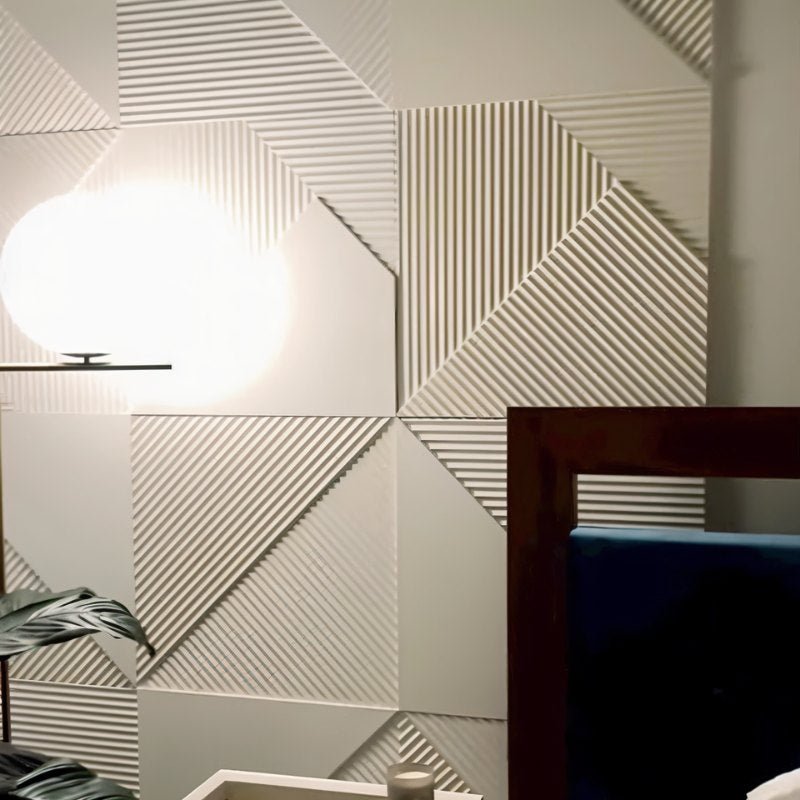 Pesni Wall Panel installed in modern interior with geometric PVC design, ideal for decorative wall upgrades and on sale now.