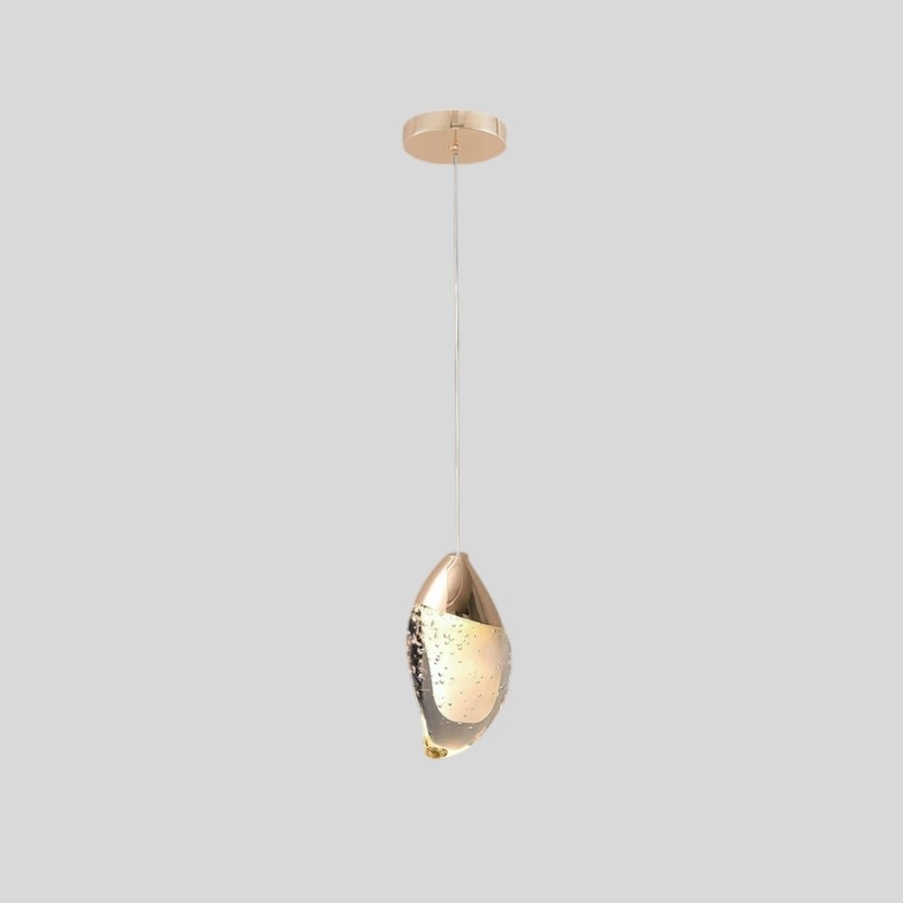 "Modern pendant light with fluid crystal form and metal top, isolated on a white background."