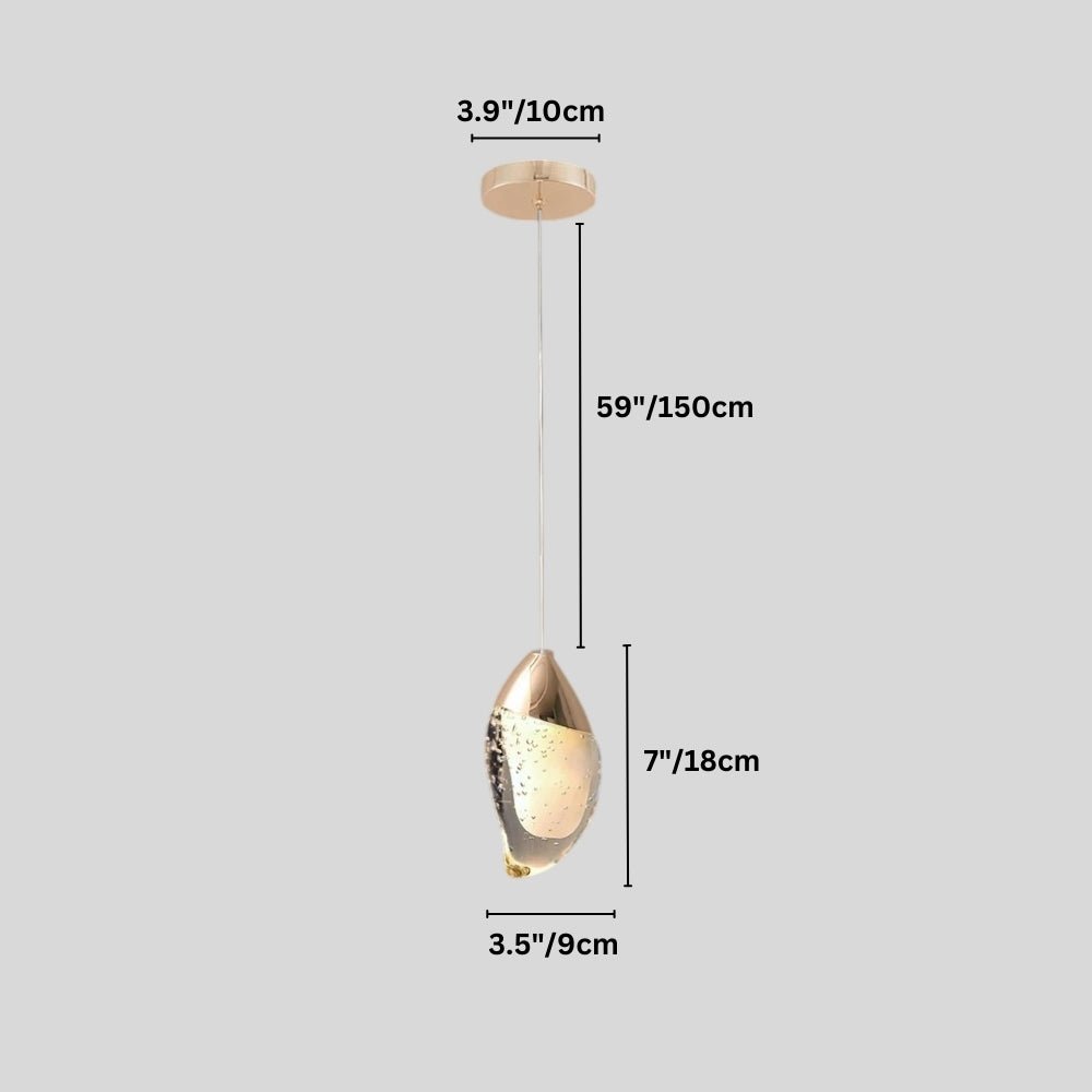 "Dimensions diagram of a modern pendant light with fluid crystal form and metal top."