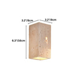 "Dimensions of a modern, rectangular wall lamp made of yellow travertine: 6.3 inches in height and 3.2 inches in width and depth."