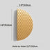 Gold, textured half-moon drawer pull with measurements displayed on a plain white studio background.