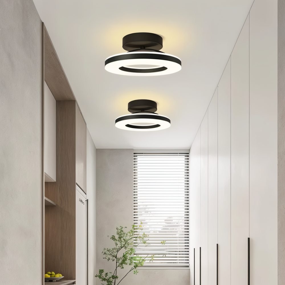  "Two modern circular ceiling lights with black dual-ring design in a contemporary hallway."